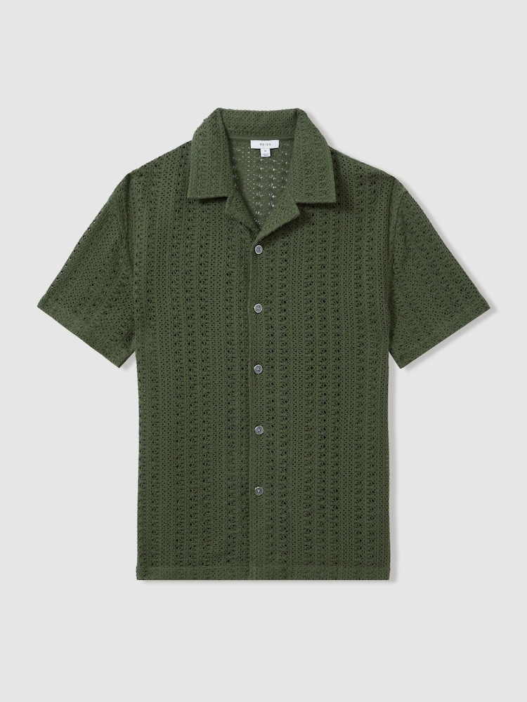 Reiss Olive Green Paradise Cotton Crochet Cuban Collar Shirt - Image 2 of 6