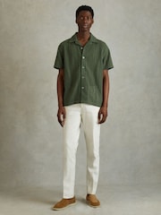 Reiss Olive Green Paradise Cotton Crochet Cuban Collar Shirt - Image 3 of 6