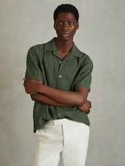 Reiss Olive Green Paradise Cotton Crochet Cuban Collar Shirt - Image 4 of 6