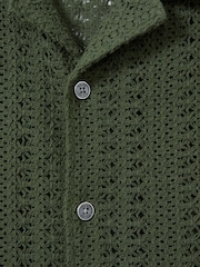 Reiss Olive Green Paradise Cotton Crochet Cuban Collar Shirt - Image 6 of 6