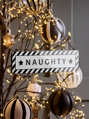 Black Monochrome Naughty or Nice Reversible Christmas Bauble - Image 2 of 4
