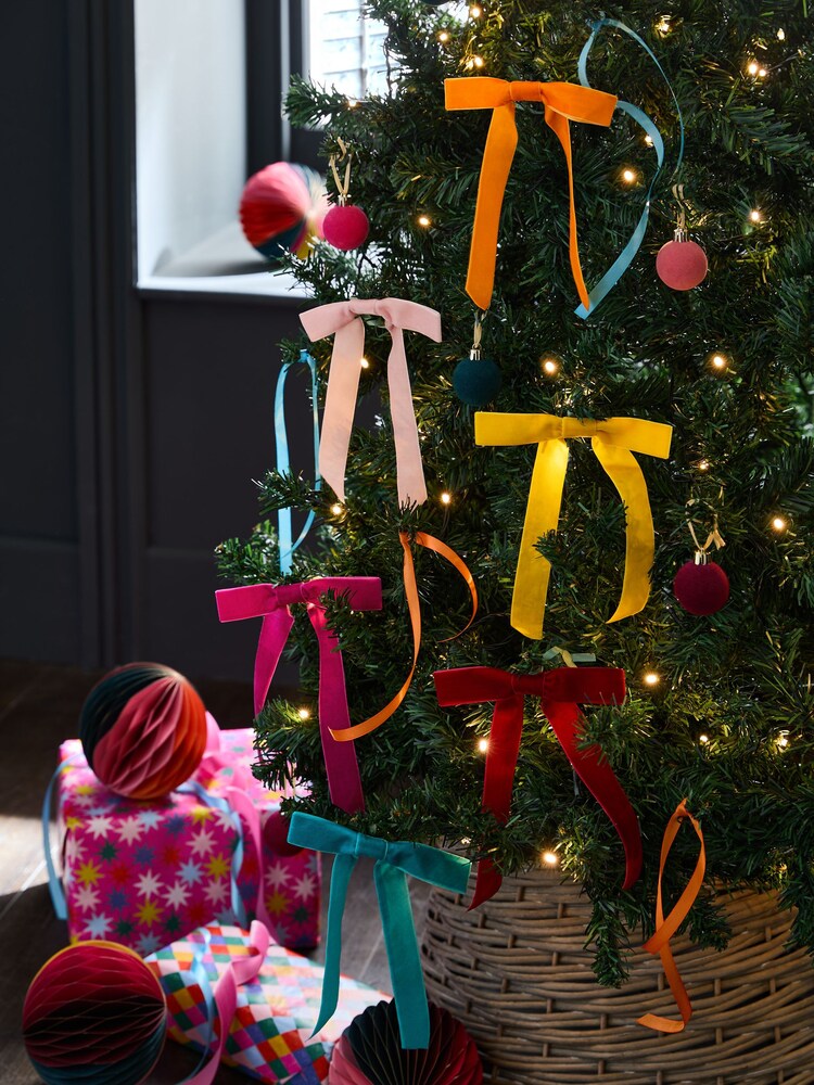 Set of 6 Brights Velvet Bow Christmas Tree Decoration - Image 1 of 4 Set of 6 Brights Velvet Bow Christmas Tree Decoration - Image 1 of 4