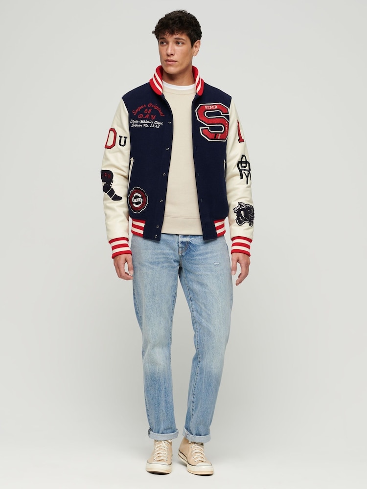 Superdry Blue/White College Varsity Patched Bomber Jacket - Image 2 of 6