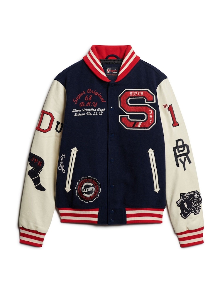 Buy Superdry Blue/White College Varsity Patched Bomber Jacket from