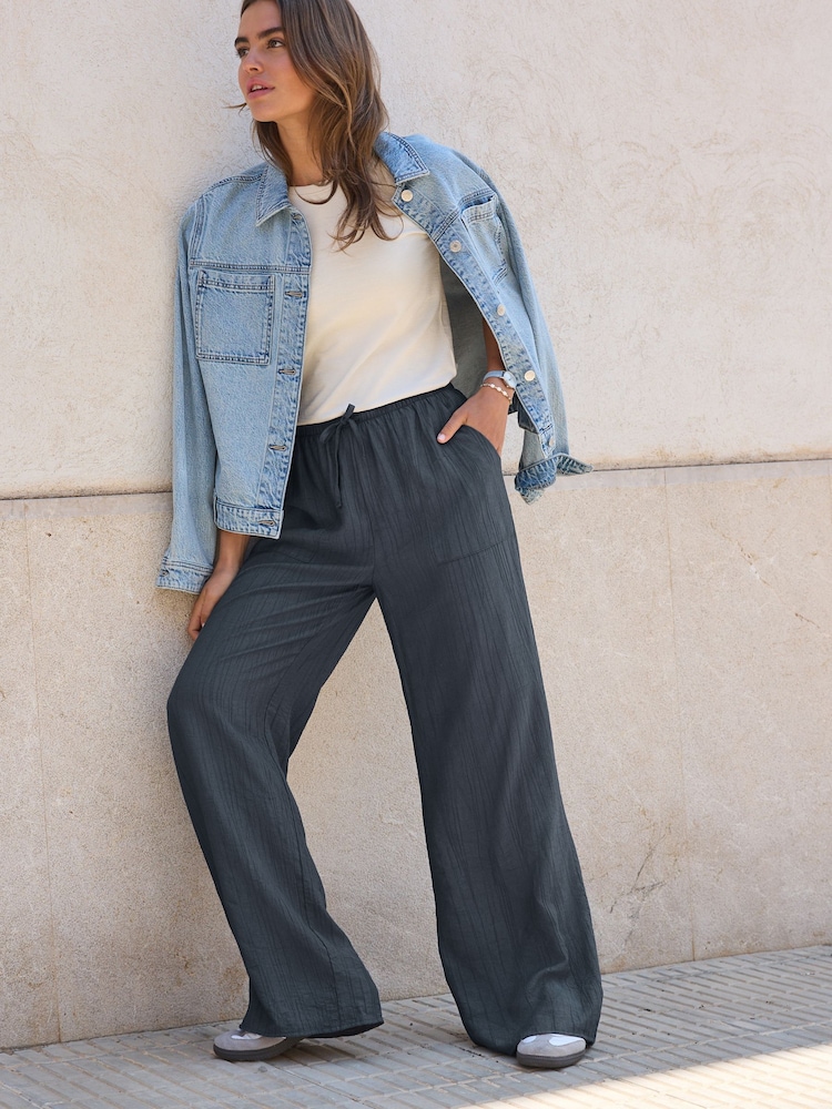 Navy Textured Pull On Wide Leg Trousers - Image 2 of 6