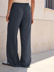 Navy Textured Pull On Wide Leg Trousers - Image 3 of 6