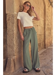 Khaki Green Textured Pull On Wide Leg Trousers - Image 1 of 7