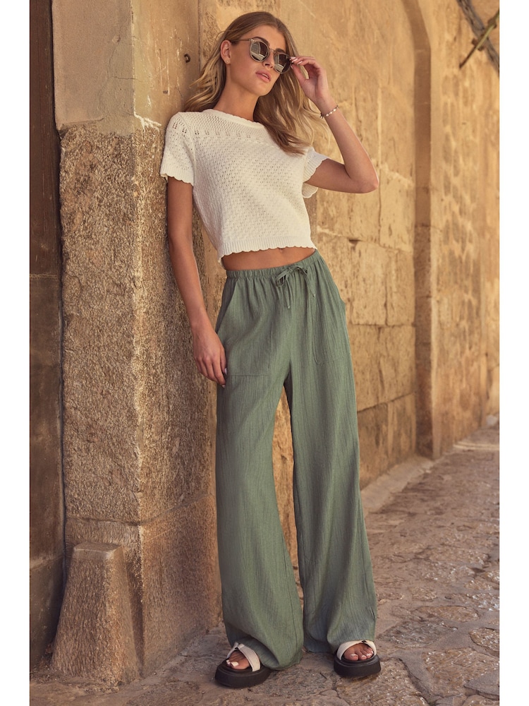 Khaki Green Textured Pull On Wide Leg Trousers - Image 1 of 7