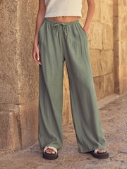 Khaki Green Textured Pull On Wide Leg Trousers - Image 3 of 7