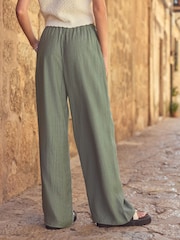 Khaki Green Textured Pull On Wide Leg Trousers - Image 4 of 7