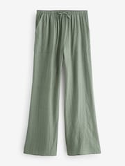 Khaki Green Textured Pull On Wide Leg Trousers - Image 6 of 7