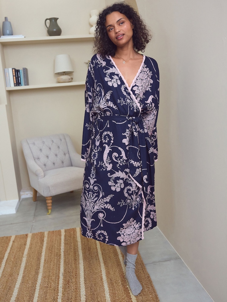 Laura Ashley Navy/Pink Josette Dressing Gown - Image 1 of 7 Laura Ashley Navy/Pink Josette Dressing Gown - Image 1 of 7