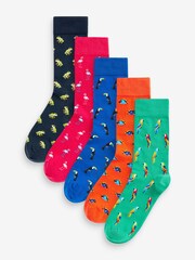 Blue/Orange Fun Pattern Socks 5 Pack - Image 1 of 7