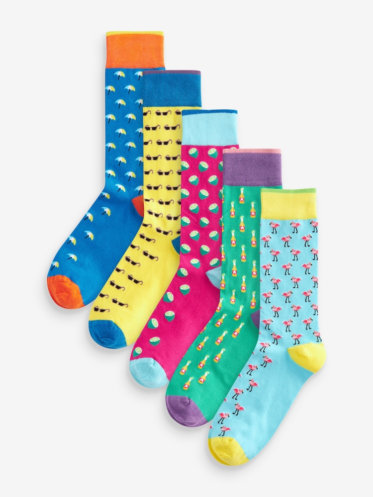 Blue/Green Fun Pattern Socks 5 Pack - Image 1 of 7