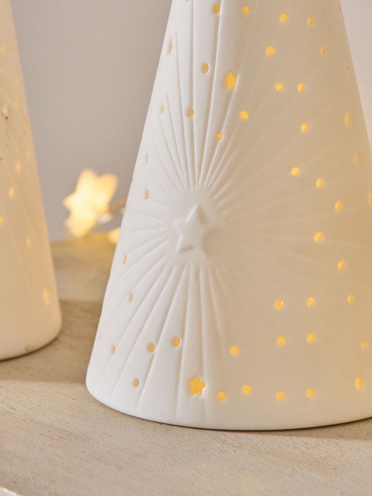 Set of 2 White Light Up Ceramic Christmas Trees - Image 2 of 5