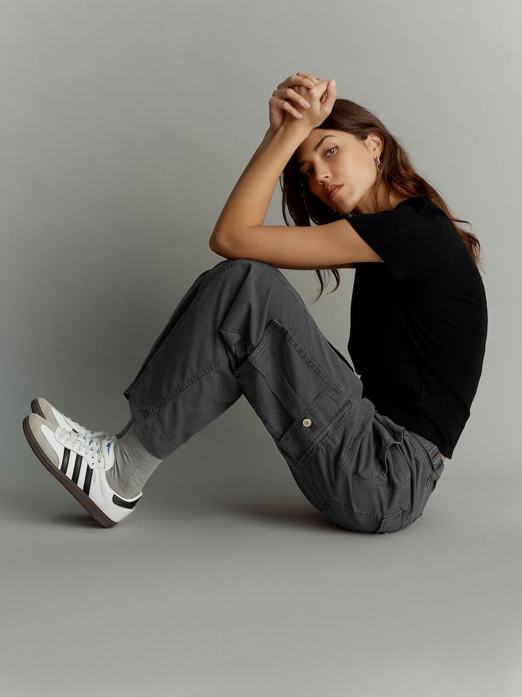 Black 100% Cotton Adjustable Waist Cargo Trousers - Image 2 of 6