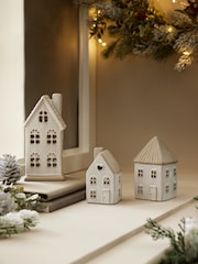 Set of 3 White Light Up Ceramic House Ornaments - Image 2 of 6