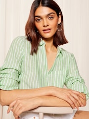 Friends Like These Green Stripe Long Sleeve Button Through Shirt with Linen - Image 1 of 4