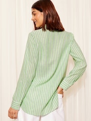 Friends Like These Green Stripe Long Sleeve Button Through Shirt with Linen - Image 4 of 4