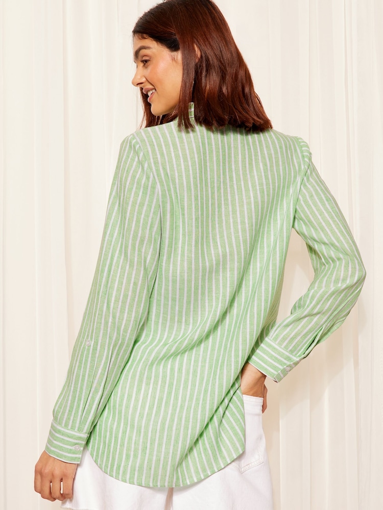 Friends Like These Green Stripe Long Sleeve Button Through Shirt with Linen - Image 4 of 4