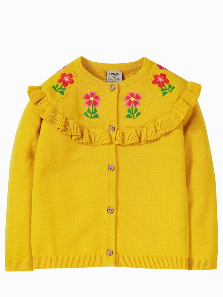 Frugi Yellow Flower Detail Ruffle Cardigan - Image 2 of 5 Frugi Yellow Flower Detail Ruffle Cardigan - Image 2 of 5