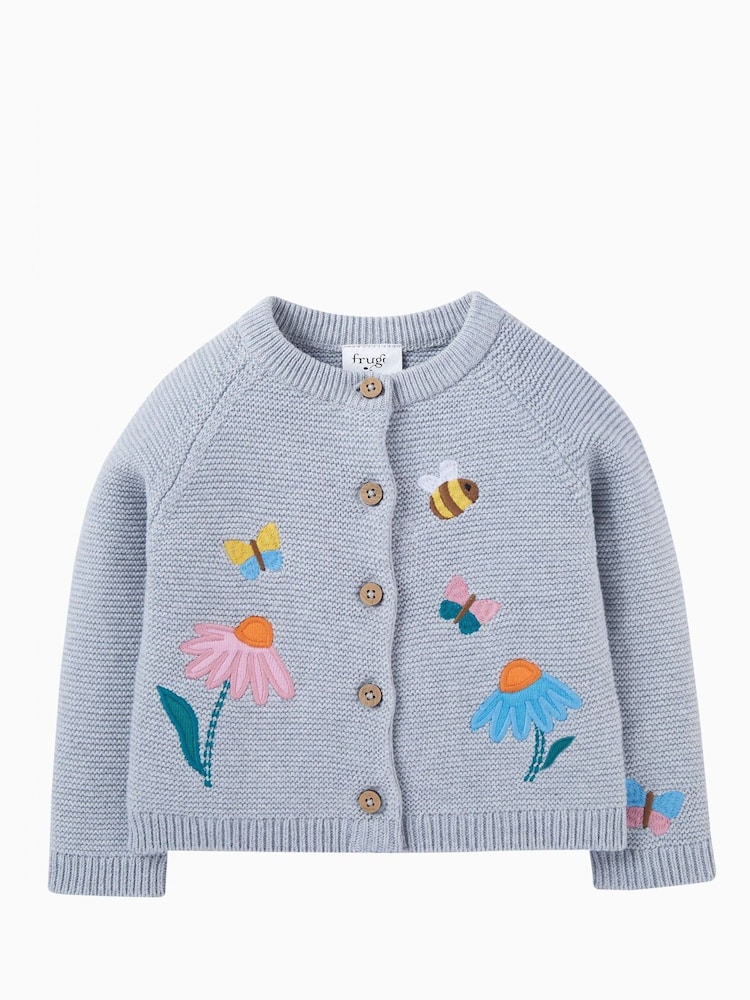 Frugi Grey Bee and Flower Applique Knitted Cardigan - Image 2 of 4