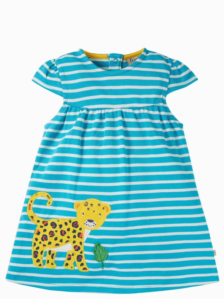 Frugi Blue Stiped Leopard Applique Short Sleeve Dress - Image 1 of 4