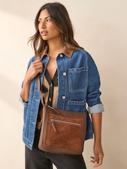 Tan Brown Leather Pocket Messenger Bag - Image 1 of 9