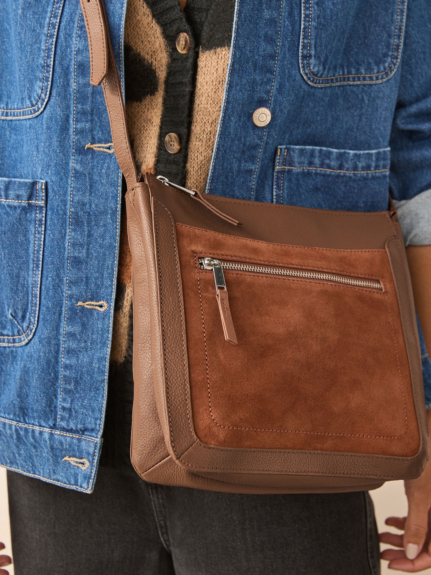 Next Tan Brown Leather Pocket Messenger Bag