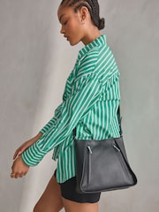 Black Leather Front Zip Messenger Bag - Image 3 of 9