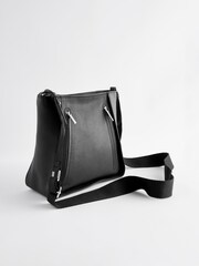Black Leather Front Zip Messenger Bag - Image 5 of 9