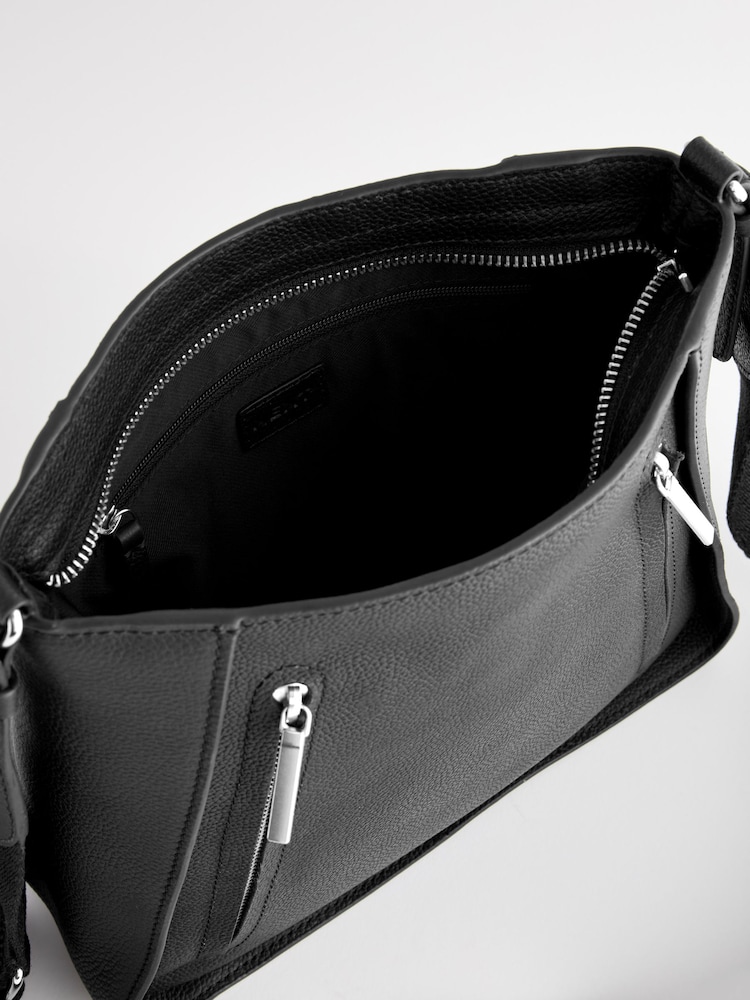 Black Leather Front Zip Messenger Bag - Image 9 of 9