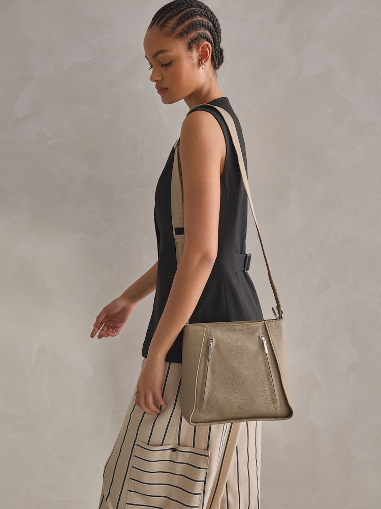 Taupe Leather Front Zip Messenger Bag - Image 1 of 10