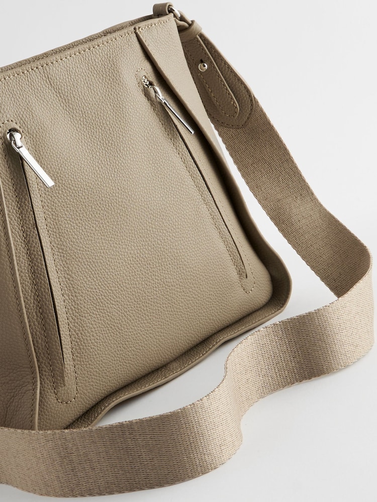 Taupe Leather Front Zip Messenger Bag - Image 10 of 10