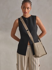 Taupe Leather Front Zip Messenger Bag - Image 2 of 10