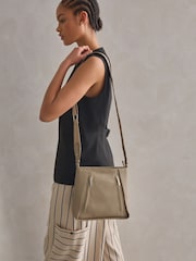 Taupe Leather Front Zip Messenger Bag - Image 3 of 10