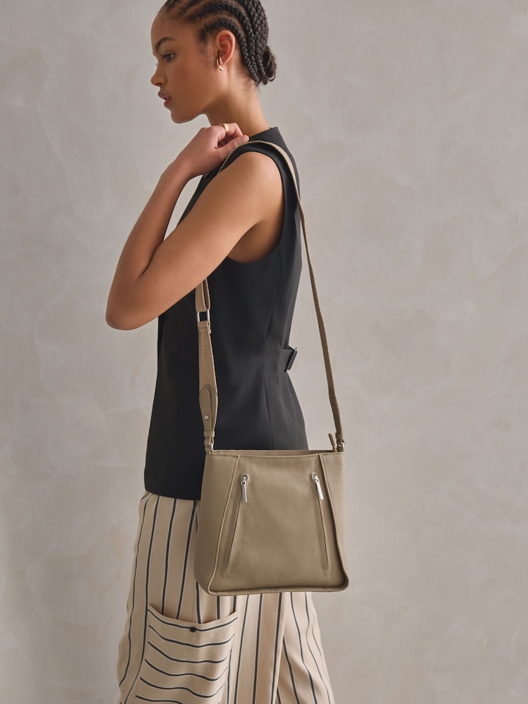 Taupe Leather Front Zip Messenger Bag - Image 3 of 10