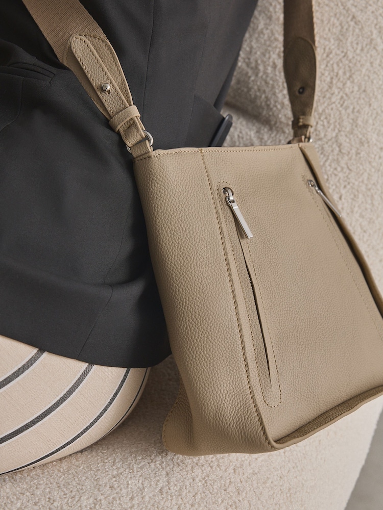 Taupe Leather Front Zip Messenger Bag - Image 5 of 10