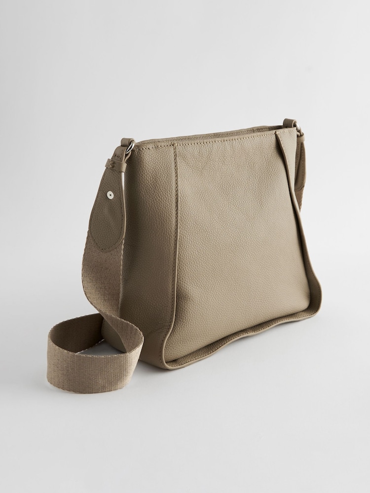 Taupe Leather Front Zip Messenger Bag - Image 8 of 10