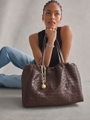 Chocolate Brown Weave Shoulder Bag With Orb Keyring - Image 1 of 10