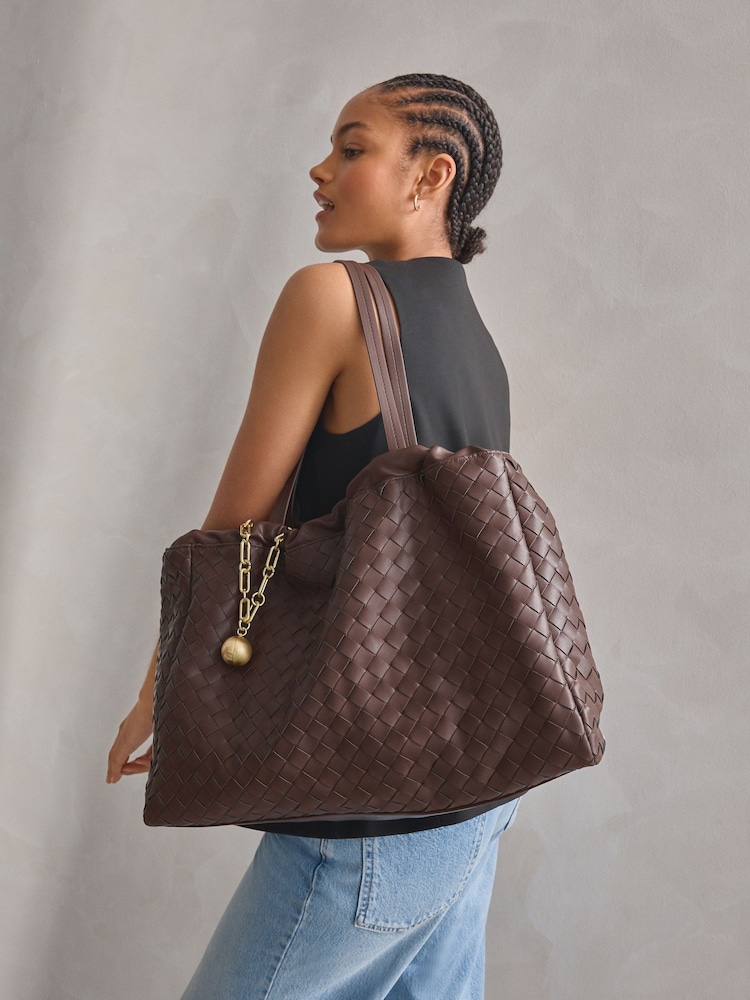 Chocolate Brown Weave Shoulder Bag With Orb Keyring - Image 2 of 10