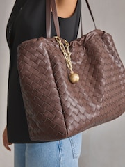Chocolate Brown Weave Shoulder Bag With Orb Keyring - Image 4 of 10