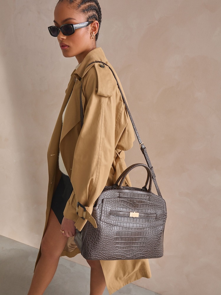 Chocolate Brown Croc Effect Tote Bag - Image 3 of 4