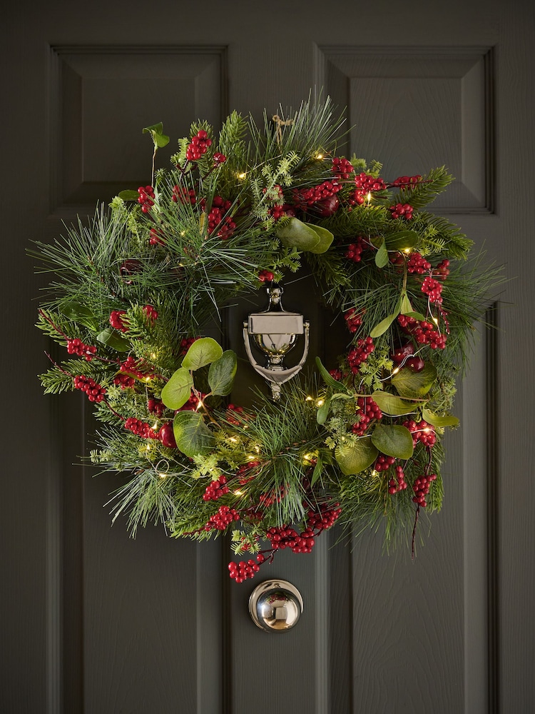 Red Berry Lit Christmas Wreath - Image 1 of 6 Red Berry Lit Christmas Wreath - Image 1 of 6