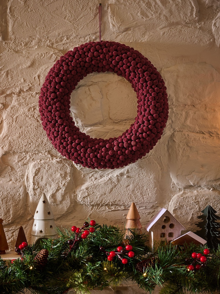 Burgundy Red Flocked Christmas Wreath - Image 1 of 4