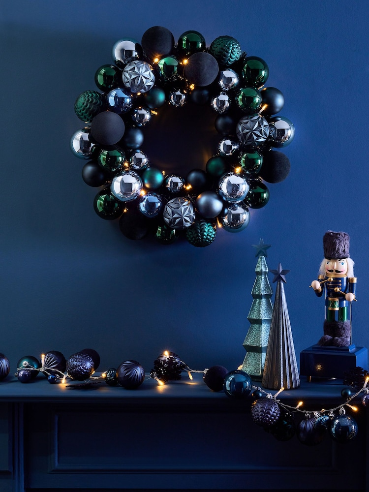 Navy Lit Bauble Christmas Wreath - Image 1 of 5