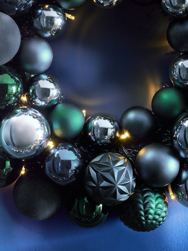 Navy Lit Bauble Christmas Wreath - Image 2 of 5