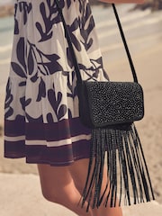 Black Leather Fringe Studded Cross Body Bag - Image 2 of 10