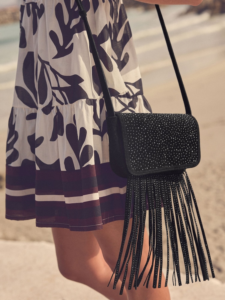 Black Leather Fringe Studded Cross Body Bag - Image 2 of 10