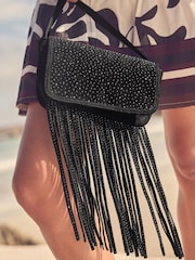 Black Leather Fringe Studded Cross Body Bag - Image 4 of 10